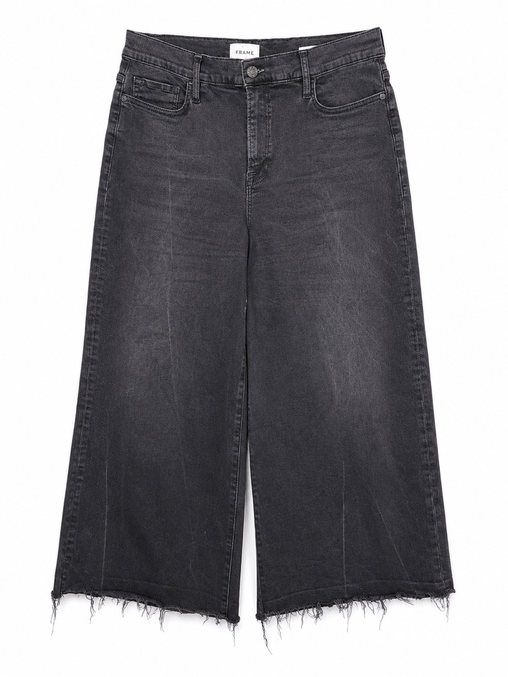FRAME Le Palazzo Crop Jeans 33 Blackfinn Wide Leg Raw Hem High Rise Stretch